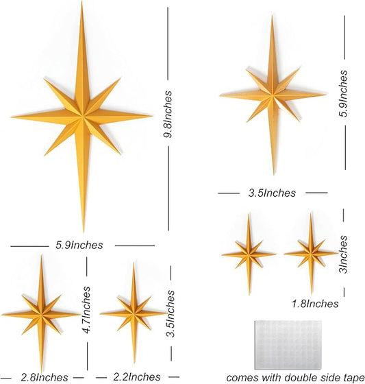 Stylor Mid Century Modern Decor, Gold Mcm Retro 3D Star Art Wall Sculpture, Plastic Starburst Decor, Vintage Celestial Whimsigoth Home Decor Accent. (Set of 6)