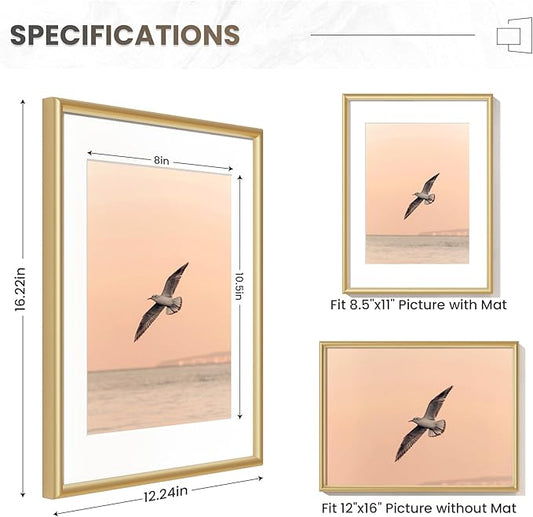Fun Memories 12x16 Picture Frame Gold, Aluminum Picture Frames 12"x16", 12x16 Picture Frame with Mat for 8.5x11, 12 by 16 Frame Real Glass, 12 x 16 Metal Frame for Home Decor