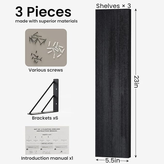 BAYKA Wall Mounted Floating Shelves, Wood Floating Wall Shelf for Books & Decor, Small Space-Saving Display & Organizer(Black,23in,Set of 3)