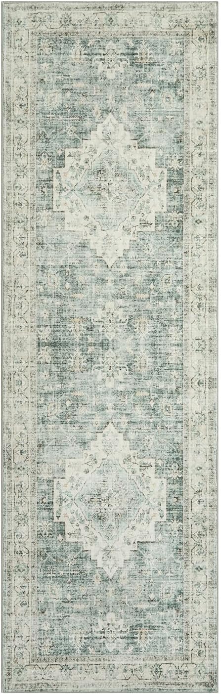 LIVEBOX Washable 2.5x8 Runner Rugs for Entryway Bathroom, Boho Kitchen Floor Mats Long Rug Runners for Hallways Non Slip, Farmhouse Low-Pile Carpet Runners for Laundry Room, Sage Green