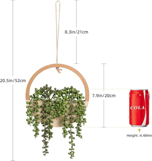 Floweroyal 2pcs Artificial Succulents Hanging Plants 12.2'' Fake String of Pearls in Pot with 8.3'' Lanyard for Indoor Outdoor Wall Decor(Wood Color).