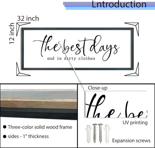 FZMHASLWW Laundry Room Sign Wall Decor 32"×12" The Best Days End In Dirtiest Clothes Large Wood Framed Wall Art Hanging (Black)