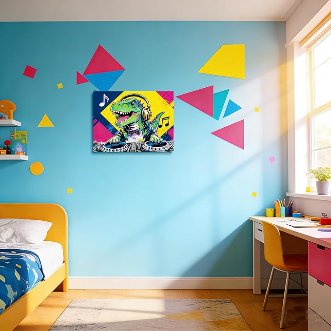 12x16 Pop DJ Dinosaur Canvas Wall Art Prints, Graffiti T-Rex Music Decor with Headphone & Turntable, Colorful Wall Painting for Teen Boy/Kids Bedroom, Child Home Painting Vibrant Hanging Game Poster