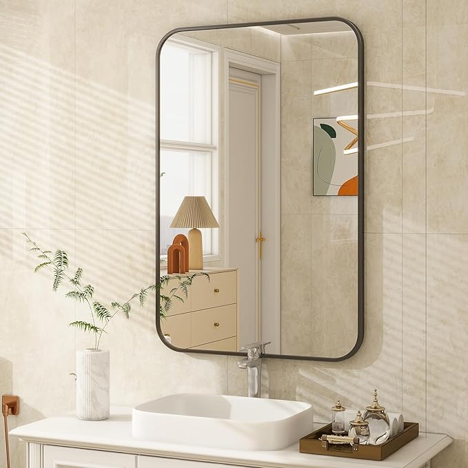 Easly 20 x 28 Inch Bathroom Mirror, Rounded Rectangular Vanity Mirror for Wall, Modern Mirror for Room Decor, Black Framed Wall-Mounted Mirrors for Home Decor, Hangs Horizontally or Vertically