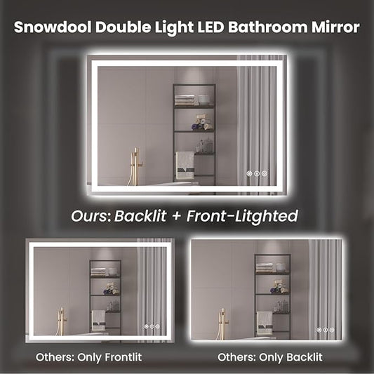 Snowdool 40"X30" LED Bathroom Mirror with Front Lights and Backlit, Anti-Fog, Dimmable, Shatter-Proof Tempered Glass, Lighted Bathroom Vanity Mirror for Wall with 3 Colors, Memory Function