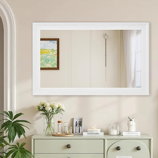 CULER White Wood Wall Mirror for Bathroom,Rectangle Rustic Large 30 x 48 inch Hanging Vanity Mirrors with Wooden Frame for Living Room,Bedroom,Entryway