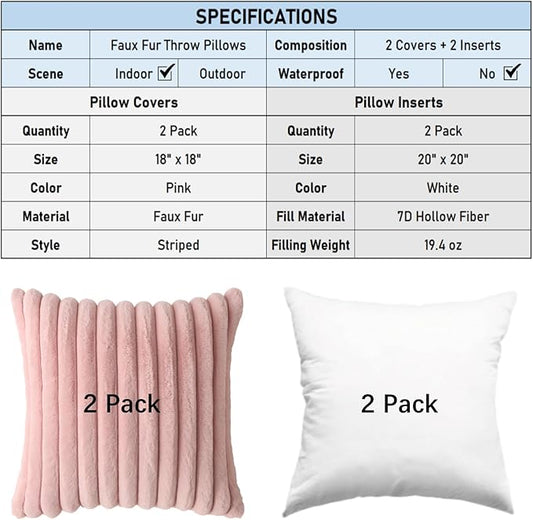 Decorative Throw Pillow with Inserts, Set of 2 Soft Faux Fur Throw Pillows, Square Boho Striped Pillow for Couch, Bed, Sofa Decor (Pink, 18" x 18"(Pack of 2))