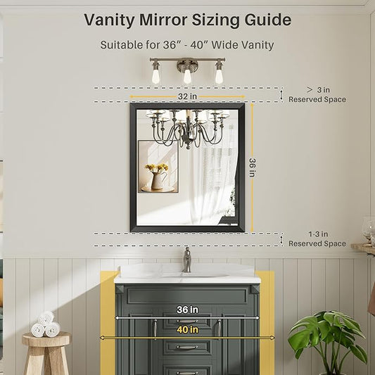 Briivue 36x32 Inch Black Bathroom Mirror for Wall, Thick Metal Framed Rectangle Mirrors for Over Sink, Bedroom, Living Room, Entryway, Anti-Rust, HD Tempered Glass