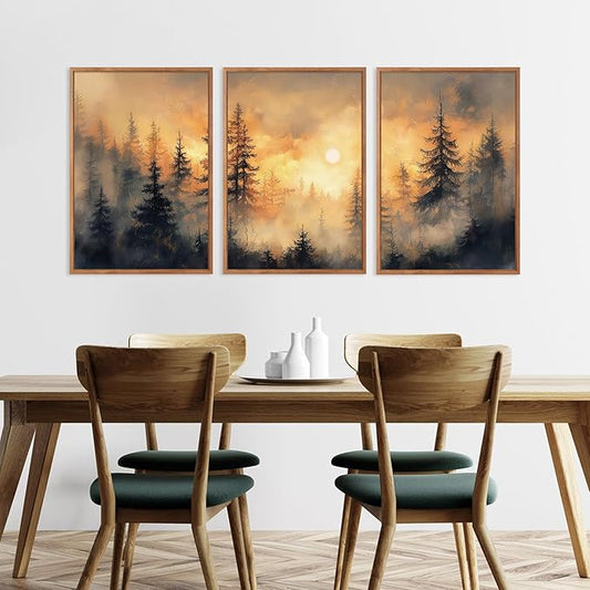 HLNIUC Nature Forest Sunset Framed Canvas Wall Art,Large Landscape Misty Forest Wall Decor,Orange Mountain Foggy Pine Artwork Set of 3 (24x36),Watercolor Sunrise Prints for Living Room,Bedroom,Office