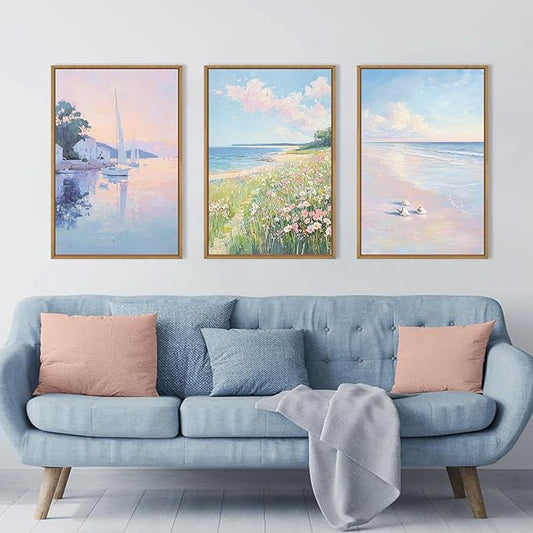 Aryroi Pink Beach Dreamy Coastal Framed Canvas Wall Art Set,Watercolor Colorful Floral Sailboat Seascape Wall Decor,Soft Preppy Pastel Wildflower Artwork for Living Room,Farmhouse- 24"x36"x3