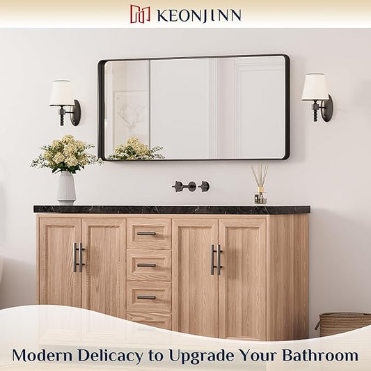 Keonjinn Black Bathroom Mirror for Over Sink, 42 x 20 Inch Rounded Rectangle Bathroom Vanity Mirror, Matte Black Sandblasted Finish, HD Tempered Glass, Wall Mirrors with Seamless Aluminum Alloy Frame