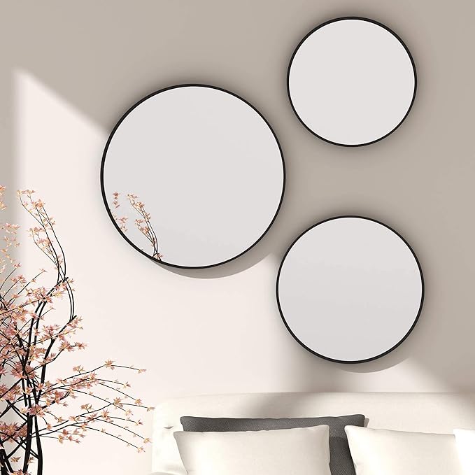 LYYYXGYP Black Round Wall Mirror for Bathroom 24x24 Inches Stainless Steel Metal Frame Mirror for Wall Hanging Wall Mounted Mirror