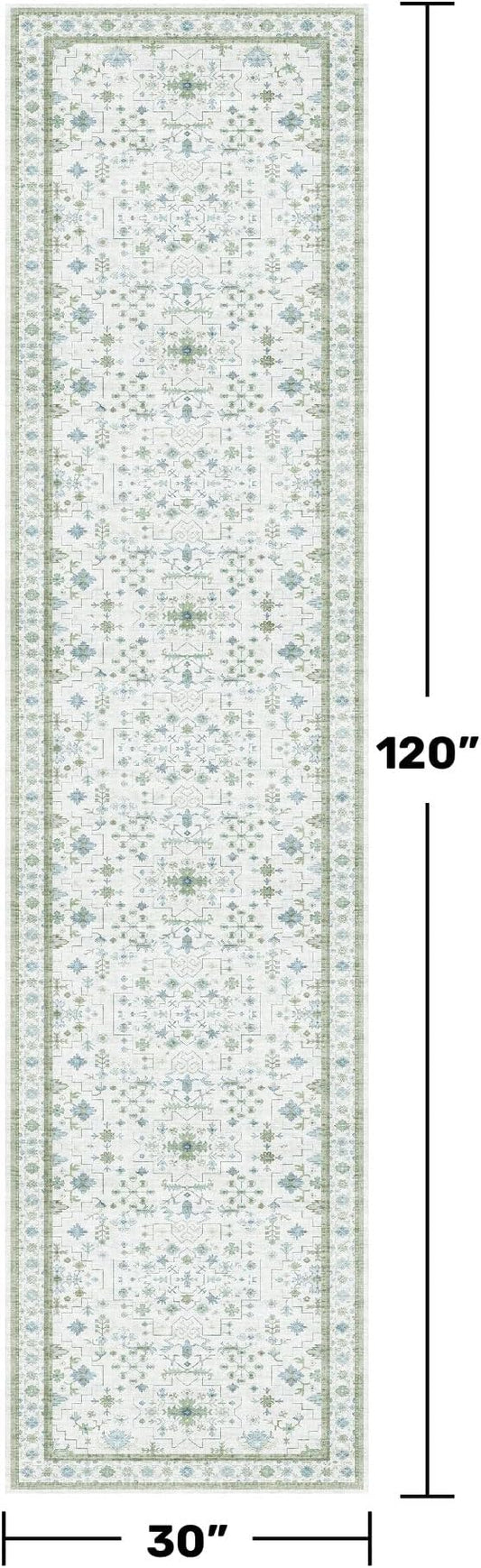 Hazo Haus Oushak Wide Hallway Runner Rug 2'6"x10' - Vintage Turkish Floral, Washable Low Pile Non Slip 10ft Wide Runners for Kitchen, Hall Way - Blue and Green
