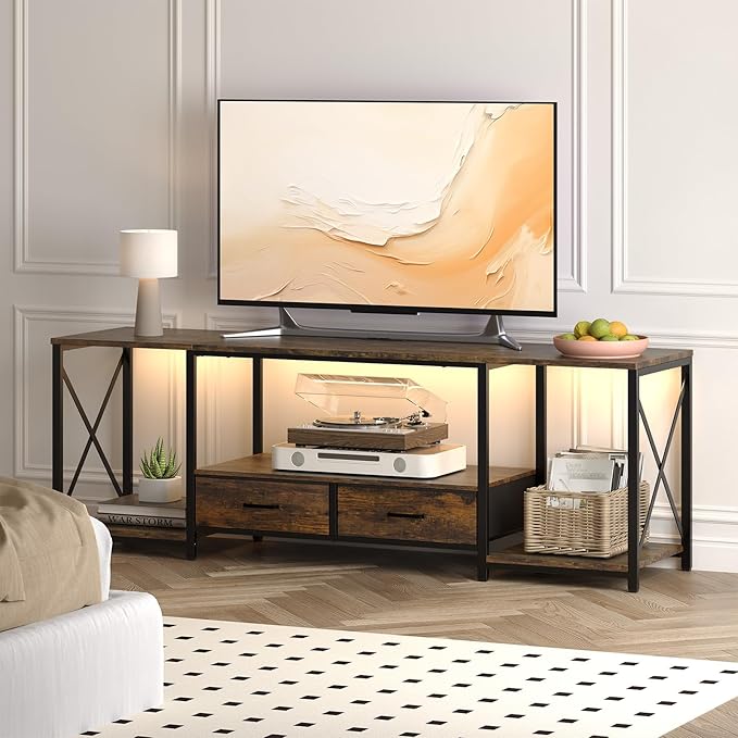 LED TV Stand with 2 Fabric Drawer - 63" Industrial TV Console Table with Open Storage Shelves for Living Room,Bedroom, Entertainment Center TV Stands for 65-75" TV - Black Steel Frame