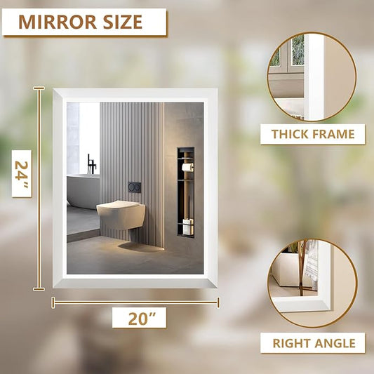 SMIROR Matte White Bathroom Mirror for Over Sink, 20”x 24” Metal Thick Framed Rectangle Vanity Mirror for Wall, Right Angle Corner, Anti-Rust, Horizontally or Vertically Mounted