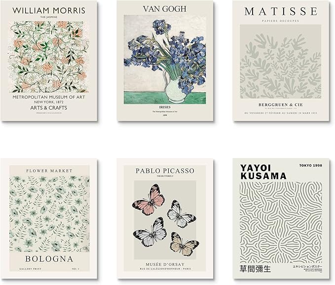 Habseligkeit Matisse Posters for Room Aesthetic, Flower Market Poster, Van Gogh Room Decor Aesthetic Vintage Prints for Wall Decor Unframed, 11x14in, Set of 6