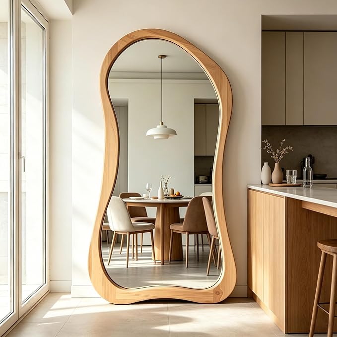 Irregular Full Length Mirror, 71"x33.5" Asymmetrical Full Body Mirrors with Solid Wood Frame, Premium Oversized Organic Floor Mirror for Living Room Entryway Cloakroom, Leaning/Hanging