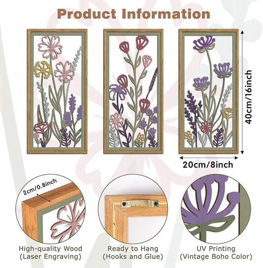 KAIRNE Neutral Floral Wooden Wall Art Set of 3,Framed Vintage Botanical Flower Decor,Minimalist Wildflower Wood Hanging Decor,Modern Farmhouse Decoration for Living Room Bedroom Office Kitchen,8X16 inch