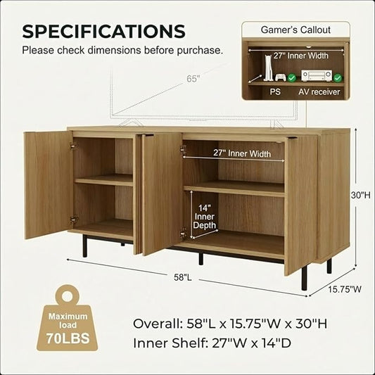 Vipbear 58 Inch TV Stand for 65 Inch TV, Modern Fluted Sideboard Buffet Cabinet with Storage, Natural Wood Media Console Table with 4 Doors and Adjustable Shelves for Living Room and Bedroom Decor