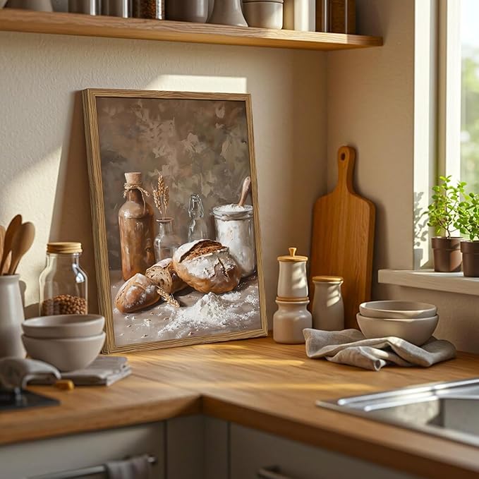 Framed Vintage Kitchen Wall Art, Rustic Bread and Flour Pictures Wall Decor Paintings, Farmhouse Food Poster Canvas Prints Country Home Decor for Dining Room Living Room Bakery 16x24 inch