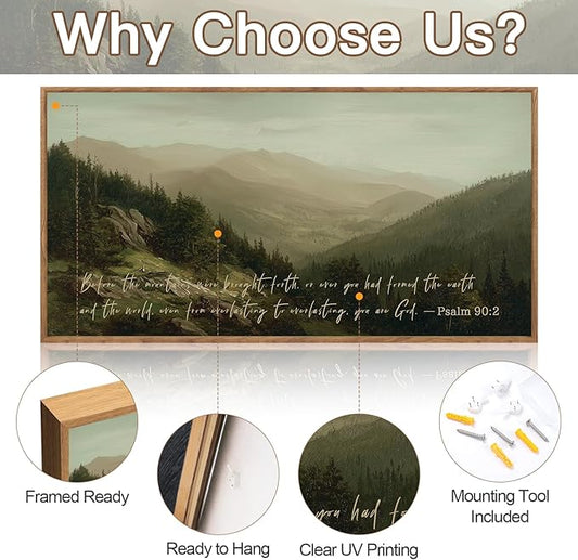 CHDITB Bible Verses Quotes Scripture Psalm 90:2 Wall Art Framed, Neutral Boho Farmhouse Christian Mountain Landscape Canvas Artwork, Large Vintage Religious Biblical Nature Smoky Forest Painting Decor for Living Room Office (40"L x 20"W)
