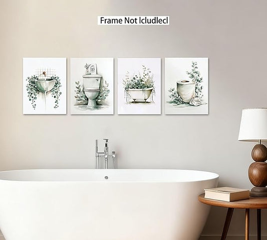 Frimeeme Unframed Green Botanical Bathroom Wall Art Decor,Boho Botanical Eucalyptus Watercolor Prints,Set of 4, 8x10 Inches