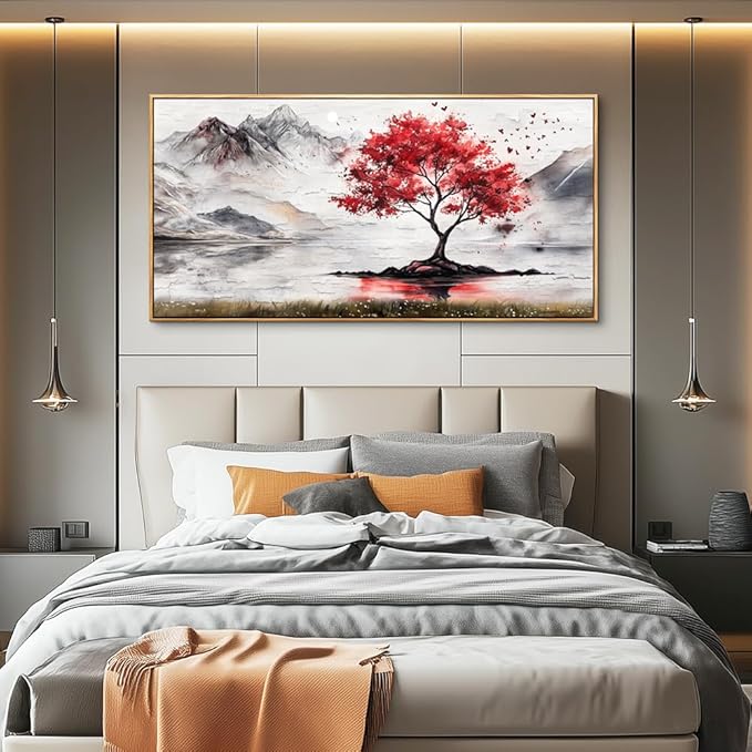 QIYILEXWART Wood Framed Canvas Wall Art For Living Room Wall Decor For Bedroom Office Wall Decorations Red Tree Painting Farmhouse Pictures Artwork Room Aesthetic Home Decor