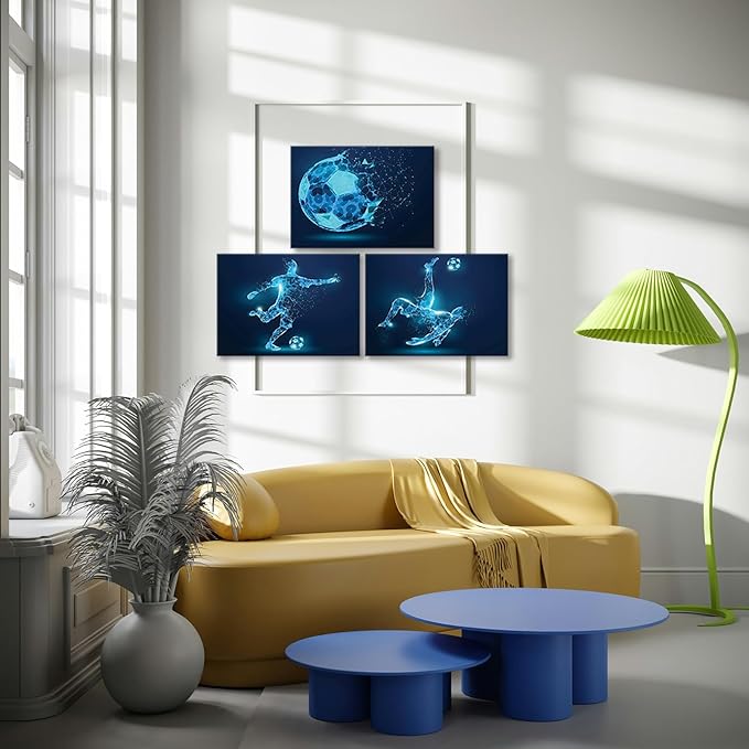 Soccer Wall Art Prints Set of 3, Framed Soccer Posters - Soccer Room Decor For Men Kids Teenagers - Soccer Poster Set For Bedroom Man Cave - Soccer Wall Decor - Soccer Boys Bedroom Decor