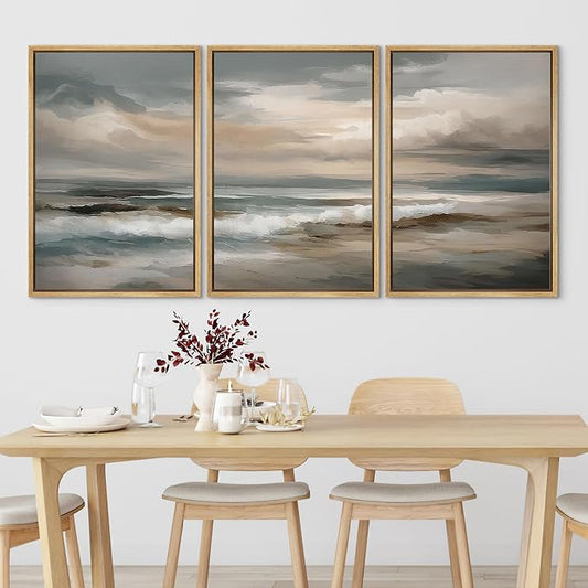SIGNLEADER Framed Canvas Print Wall Art Set Coastal Ocean Waves Neutral Seascape Abstract Illustrations Modern Art Boho Decorative for Living Room, Bedroom, Office - 24"x36"x3 NATURAL