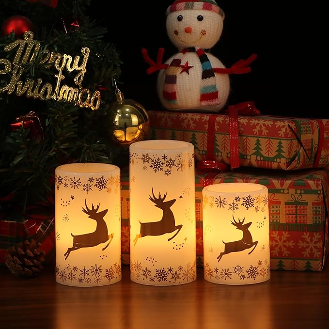 Gold Deer Flameless Flickering Candles Battery Operated with 6H Timer, 3 Pack Real Wax Warm Light LED Pillar Candles Dinner Tabletop Holiday Centerpiece Decor 3" x 6"