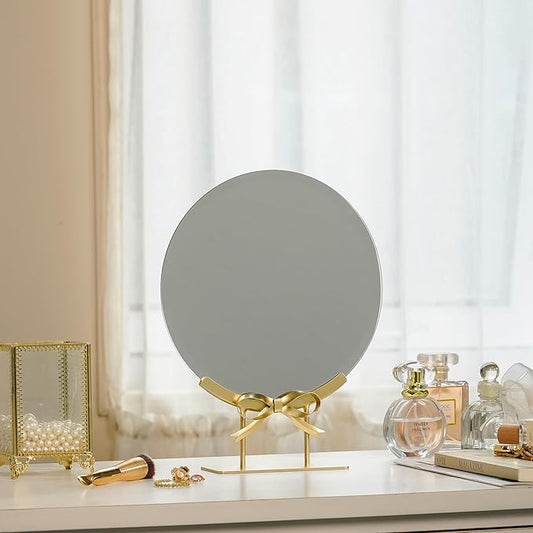 Golden Round Makeup Mirror with Bow Stand - Detachable Base French-Inspired Elegant Tabletop Luxury Vanity Mirror for Living Room, Bedroom, 10.04 x 12.6 Inches