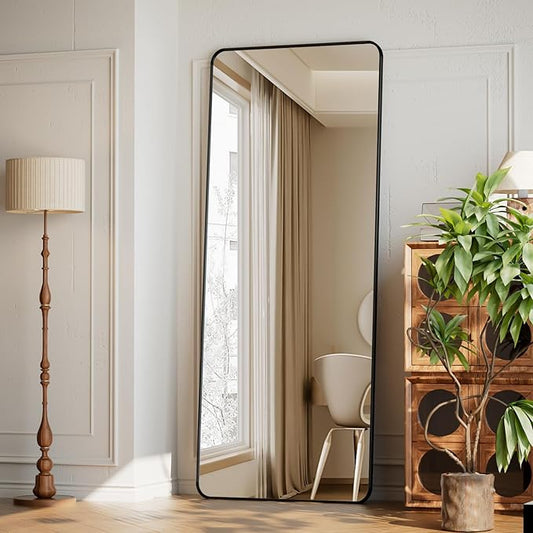 XRAMFY 65"x24" Floor Full Length Mirror Standing Full Body Rounded Corner Rectangle Mirrors with Stand Hanging Wall Mounted Leaning Bedroom Living Room Bedroom Cloakroom,Black