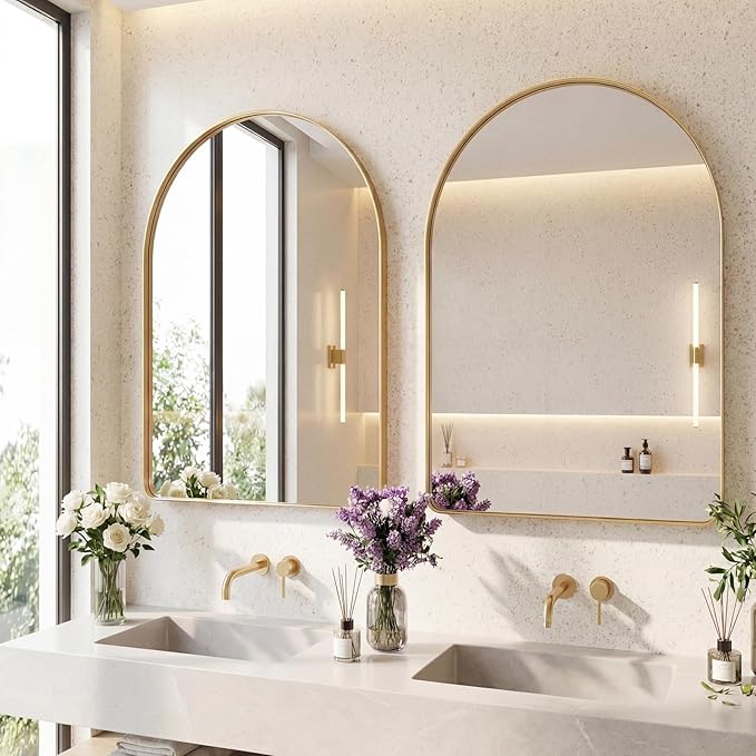 OLIXIS Arched Bathroom Mirror for Over Sink, 36x24 Inch Wall Mirror Arched Rounded Rectangle, Modern Wall Mount Vanity Mirror with Matte Metal Deep Framed, for Home Decor, Living Room, Gold
