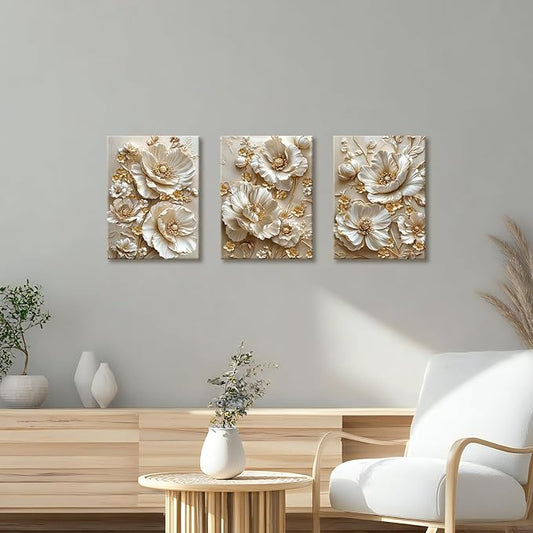 3 Pcs Modern Beige Gold Peony Floral Canvas Wall Art, Neutral Elegant 3d Beige Flowers Wall Painting White Blooming Floral Pictures Posters Art Print Home Decor for Bedroom Living Room Office 12"x16"x3