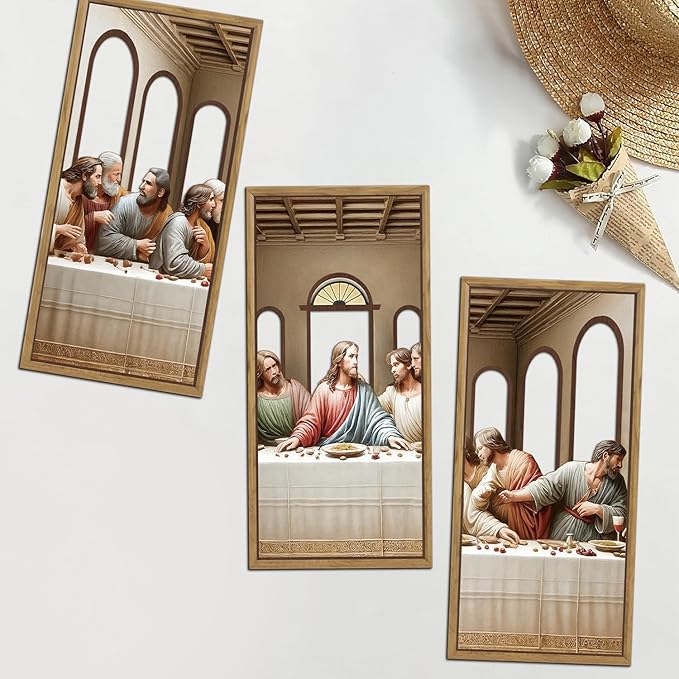 KAIRNE 3Pcs Jesus Last Supper Wall Art,Christian Wooden Wall Decor,Religious Faith Wood Hanging Decor,Bible Verse Artwork,Scripture Jesus Art for Living Room Dining Room Bedroom Decoration,Framed