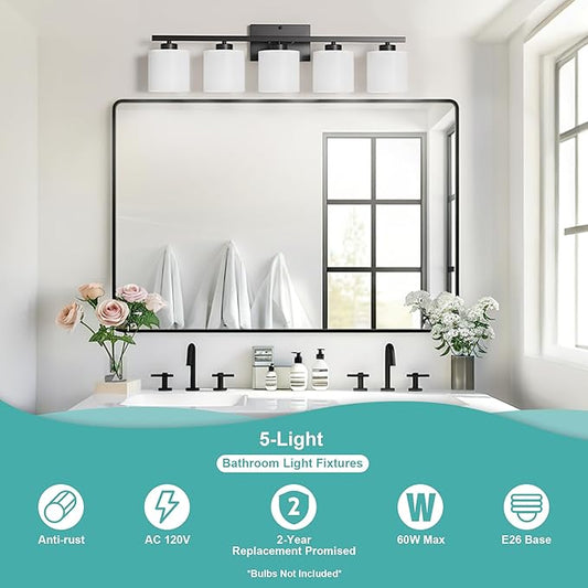Honesorn 5-Light Vanity Lights, Matte Black with Frosted Shade & Anti-Rust Nickel Finish, Modern Bathroom Over Mirror Light Fixtures