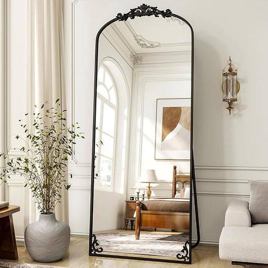 XRAMFY Arched Full Length Mirror, 71'' x 28'' Vintage Full Body Mirror with Carved for Home Decor, Standing Floor Mirror for Wall for Living Room, Bedroom, Cloakroom, Black, Retro Style