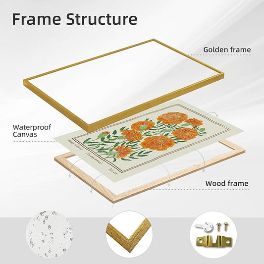 Large Gold Framed Vintage French Marigold Botanical Wall Art Retro Floral Canvas Painting Print Stylish Birth Flower Pictures Farmhouse Artwork for Bedroom Home Garden-Inspired Decor 24x36inch