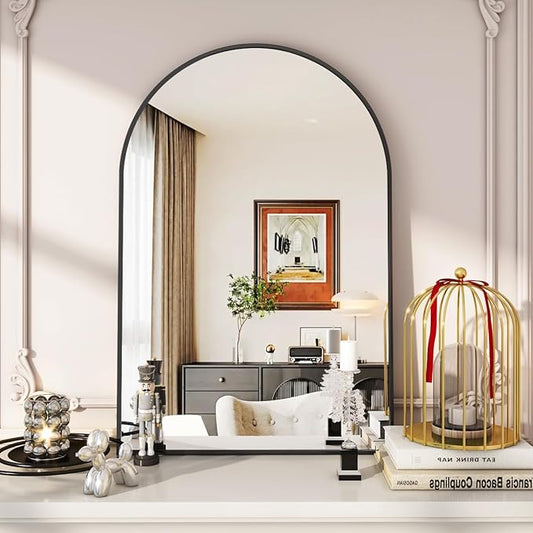 VooBang Arched Wall Mirror, 24 x 36 inch Arch Bathroom Mirror, Wall Mounted Vanity Mirror with Arch Metal Frame, Modern Bathroom Vanity Mirror for Bedroom, Living Room, Hanging or Leaning, Black
