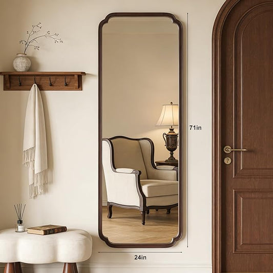 HOMECOOKIN Full Length Mirror Wall Mounted, Rustic Wooden Frame Floor Mirror, Rounded Corner Large Full Body Mirror for Bedroom,Dressing Room, Leaning or Hanging Against Wall (Walnut, 71" L x 24" W)
