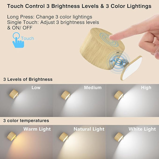 AKSDA Battery Operated Wall Light, LED Wall Sconce with 3 Color Modes, 3 Brightness Levels, 360 Rotation, Touch Control, Cordless Wall Lamp for Bedroom, Reading, Bedside - 1 Pack