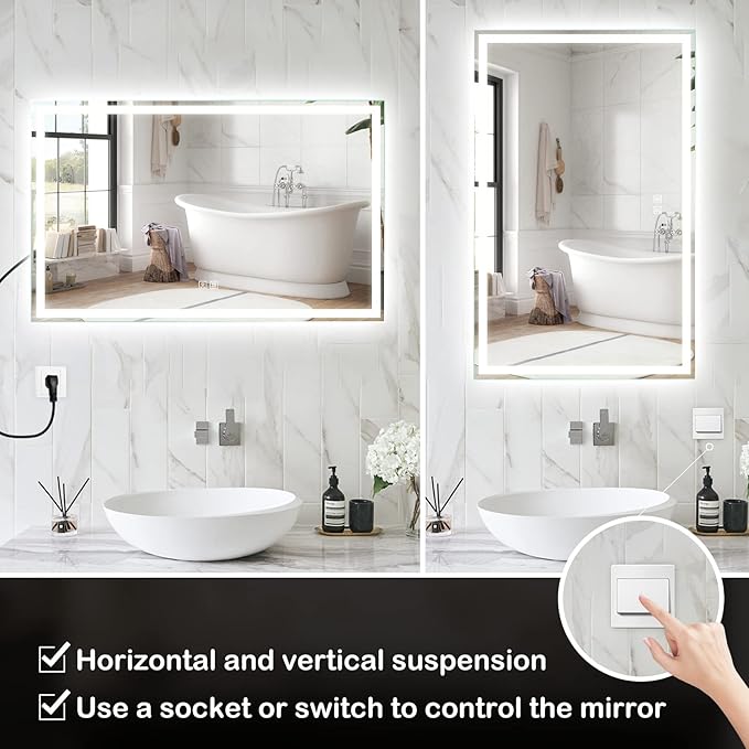 ROOMTEC 48 x 30 Inches LED Bathroom Mirror with Lights, Vanity Mirror with Front and Backlight, Smart Dimmable Anti-Fog LED Mirror for Bathroom, Memory Function, Tempered Glass (Horizontal/Vertical)