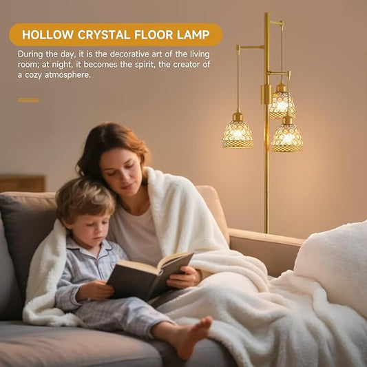 -Modern 3-Head Floor Lamp with Crystal Beads, Industrial Metal Standing Lamp Adjustable Hanging Light for Living Room-Gold