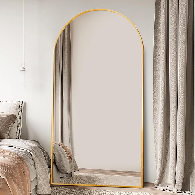 Beauty4U 76" x 37" Arched Full Length Mirror with Stand, Large Floor Mirror for Bedroom & Living Room, HD Tempered Glass Wall Mounted or Leaning Dressing Mirror, Gold Metal Frame