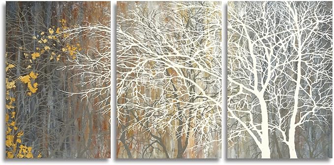 Yihui Arts Brown Canvas Wall Art - Tree Couples Paintings with Gold Foil - 3 Panels Abstract Forest Pictures for Farmhouse Bedroom Bathroom Living Room Decor