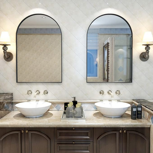 Wall Mounted Mirror, Arched Wall Mirror for Bathroom, 20"x30" Arch Bathroom Mirror with Metal Frame, 2 Piece Black Vanity Mirror Decor for Mantle, Bedroom, Entryway