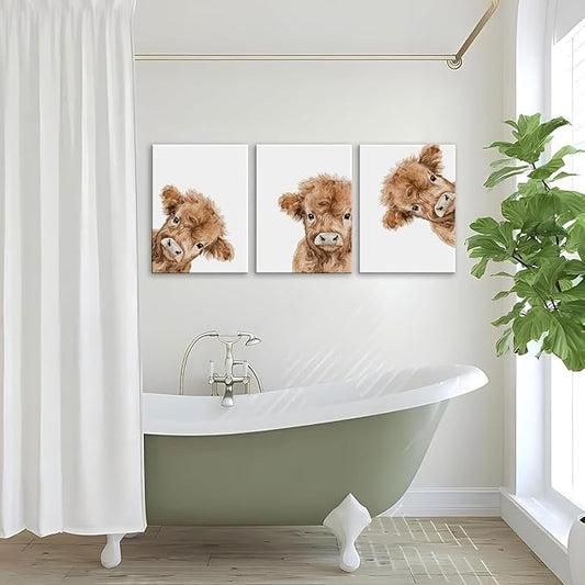 AOYUSMO 3 Piece Cute Highland Cow Canvas Wall Art Nursery Funny Animal Framed Wall Art Baby Cow Pictures Wall Decor Kids Animals Art Prints for Children's Room Bedroom 16"x24"