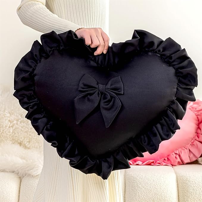 MOJUN Black Heart Pillow, Soft Heart Shaped Pillow with Bow Ruffle Design Love Room Decor Pillows for Sofa Bed Chair Cute Heart Shaped Throw Pillow Cushion for Bedroom Living Room