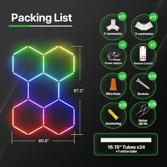 Glitgate RGB Hexagon Garage Lights, LED Hex Lights with App & Remote Control, DIY Modular Honeycomb Lighting System, Music Sync Dimmable Smart Ceiling Light Fixture for Gym, Shop, Gaming Room