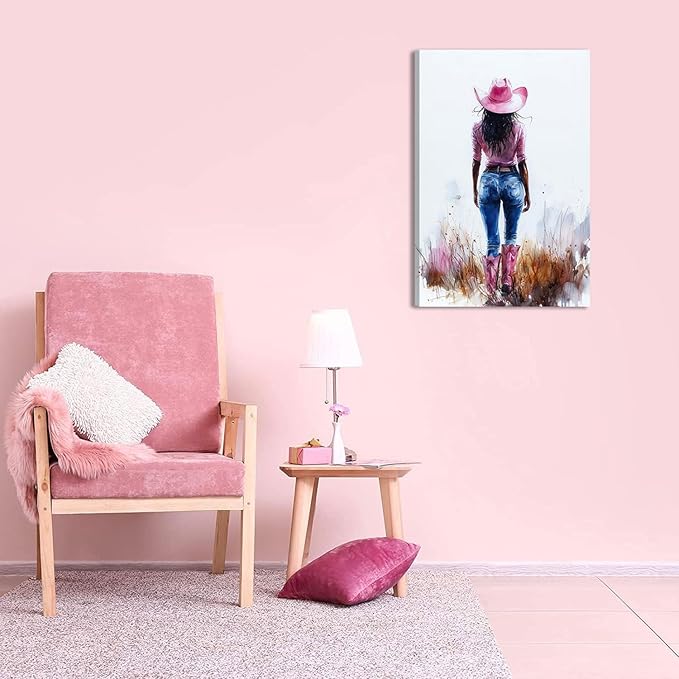 Pink Black Girl Canvas Wall Art Fashion Cowgirl Wall Decor Picture West African American Girl Wilderness Cowgirl Poster Printing for Teen Girls Room Preppy Dormitory Bedroom Artwork Home Decoration
